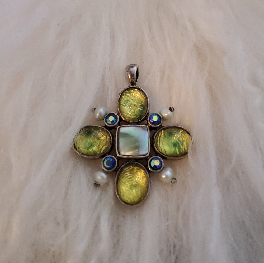 Green & Teal Glass, On Silver Setting Pendant-absolutely Glowing! Vintage